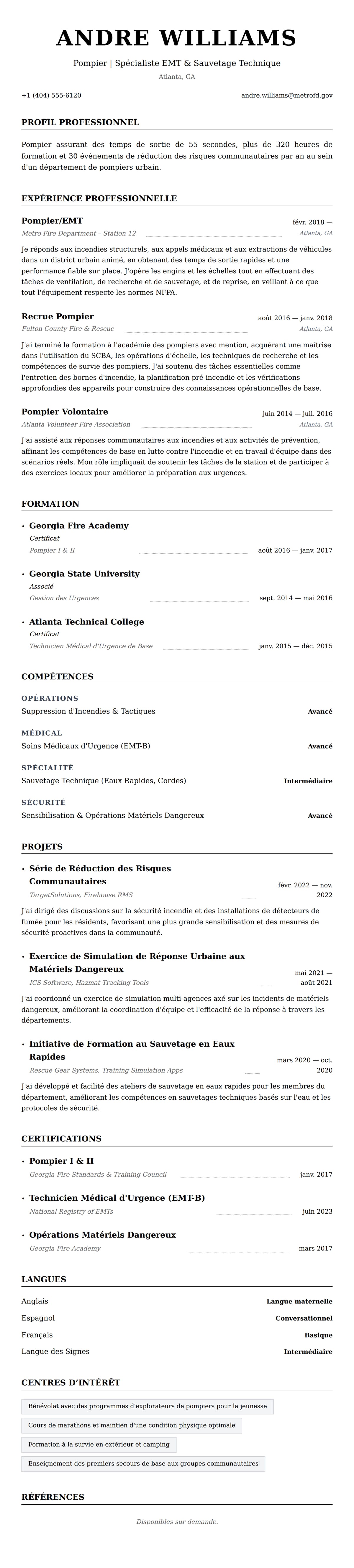 Aperçu du CV Exemple de CV de Pompier
