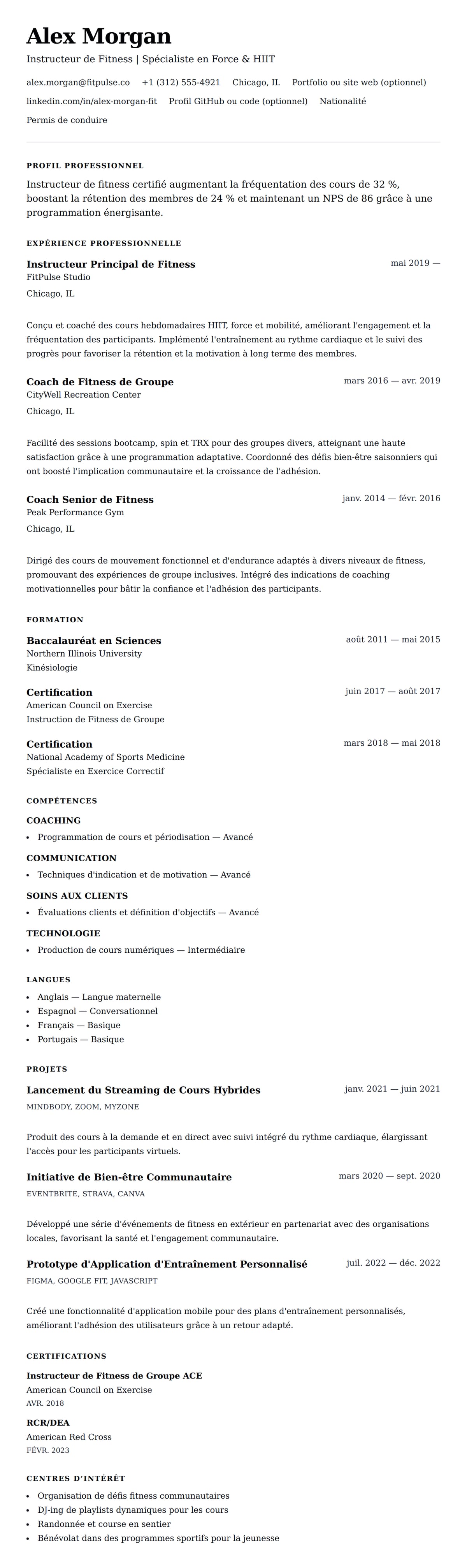 Aperçu du CV Exemple de CV d'Instructeur de Fitness