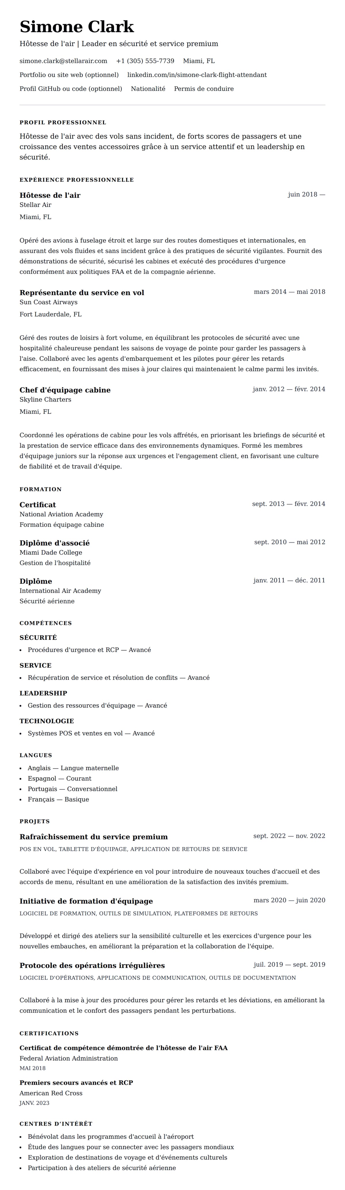 Aperçu du CV Exemple de CV d'Hôtesse de l'air