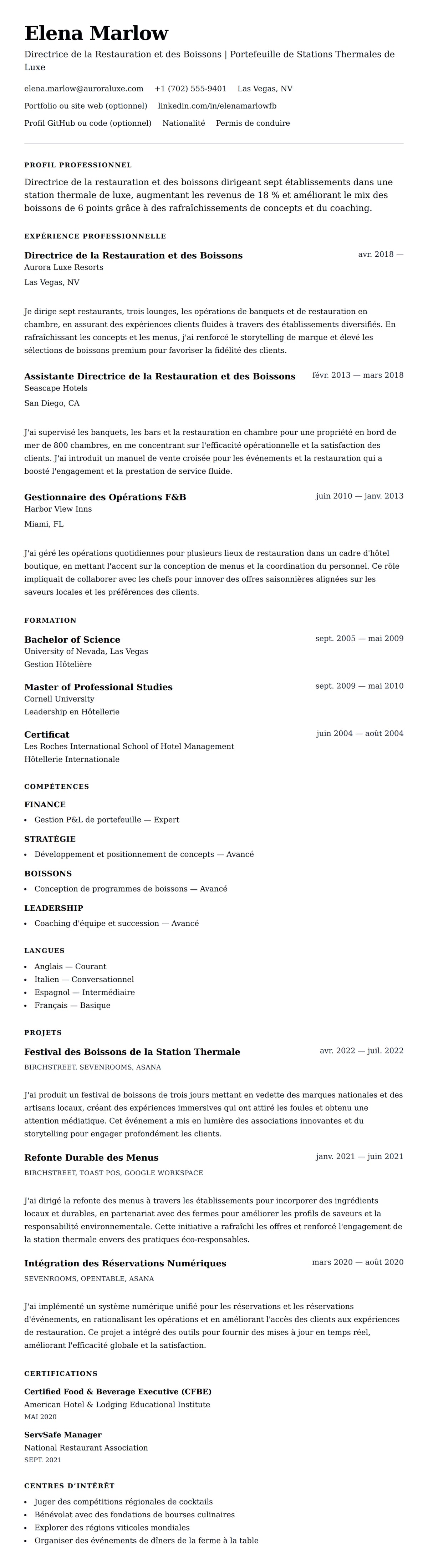 Aperçu du CV Exemple de CV de Directeur de la Restauration et des Boissons