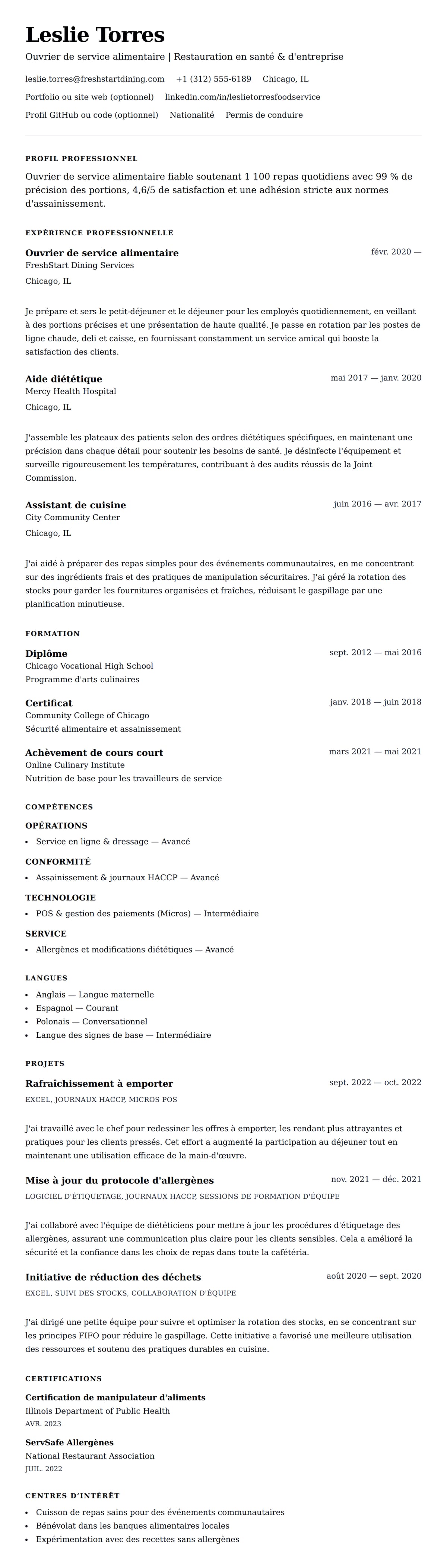 Aperçu du CV Exemple de CV d'Ouvrier de service alimentaire