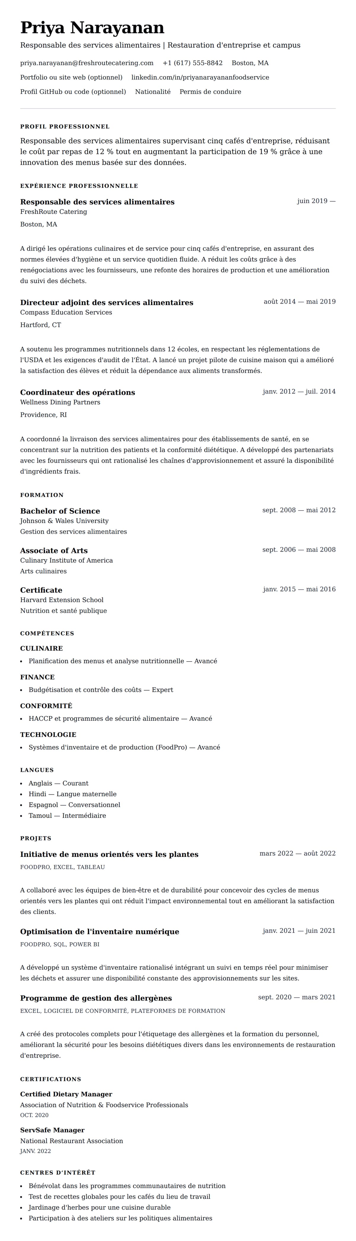 Aperçu du CV Exemple de CV pour Responsable des services alimentaires