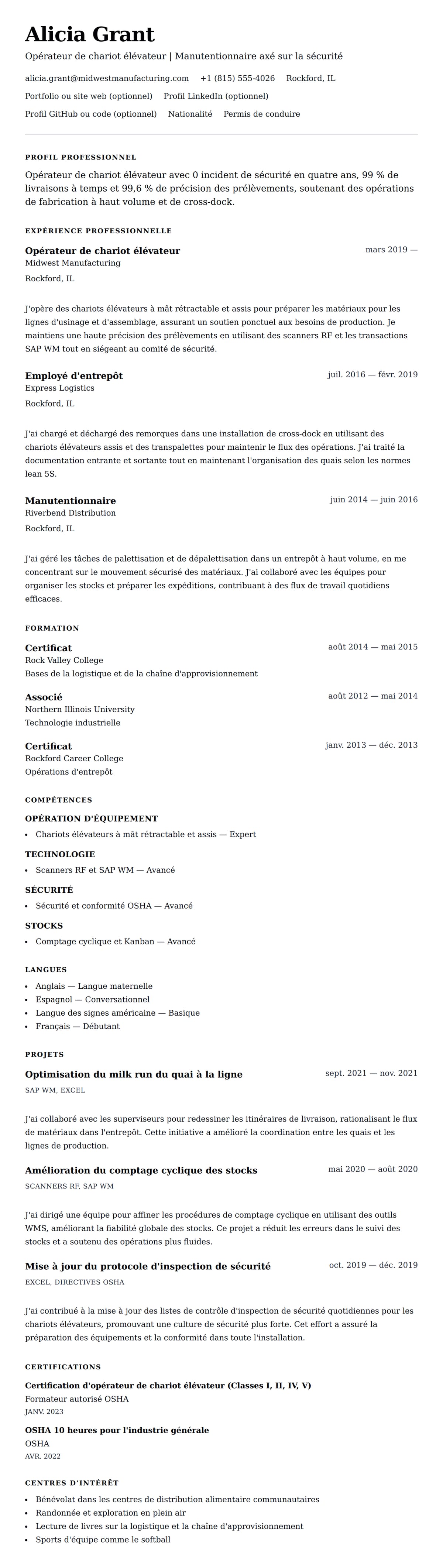 Aperçu du CV Exemple de CV d'opérateur de chariot élévateur