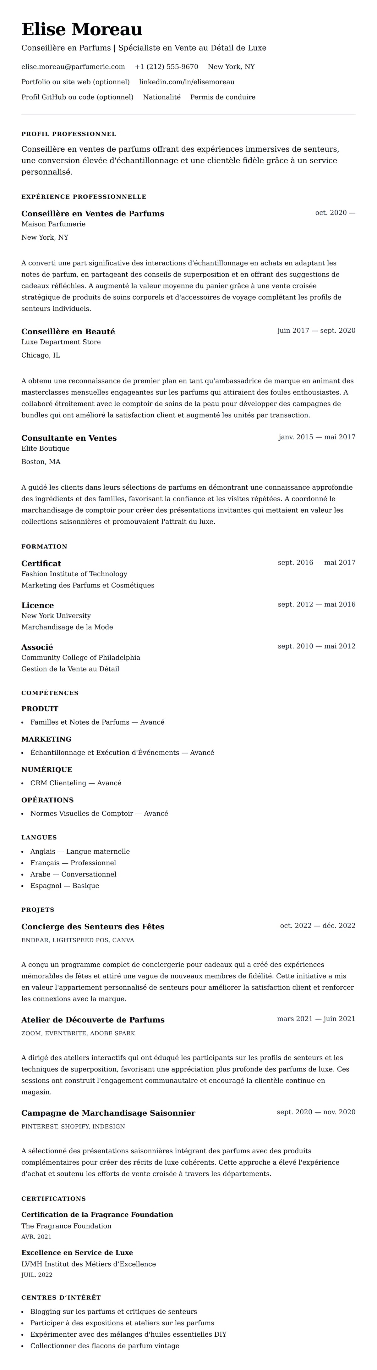 Aperçu du CV Exemple de CV de Conseiller en Ventes de Parfums