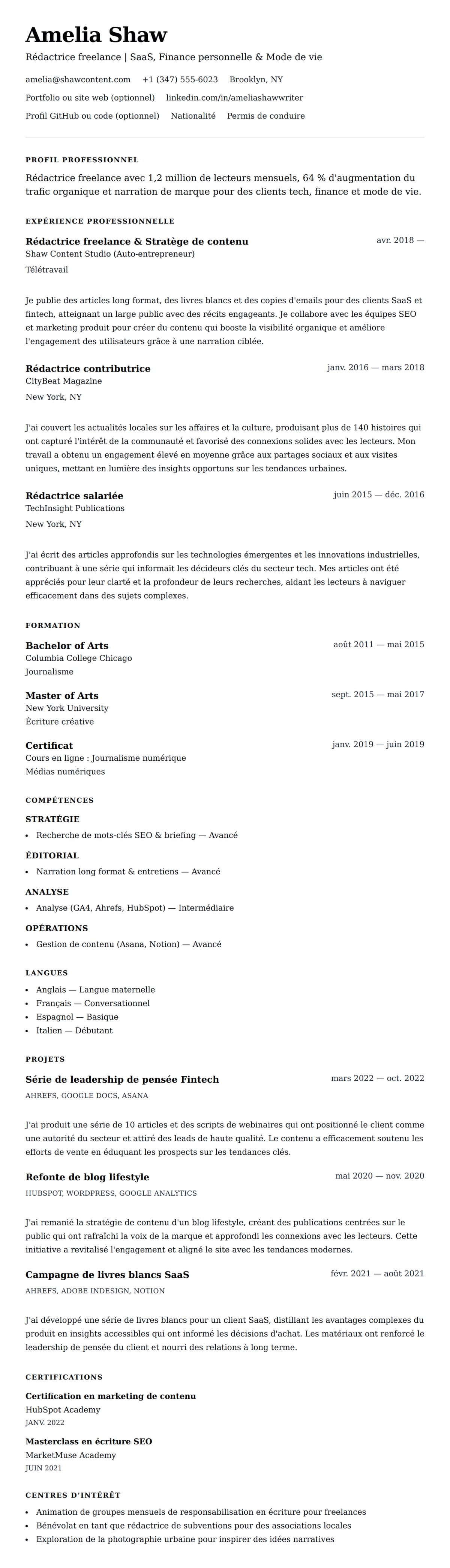 Aperçu du CV Exemple de CV de rédacteur freelance