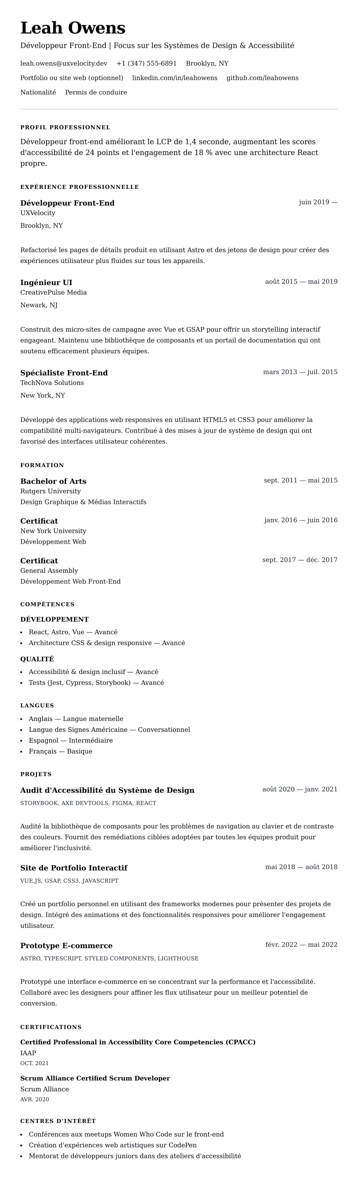Aperçu du CV Exemple de CV de Développeur Front-End