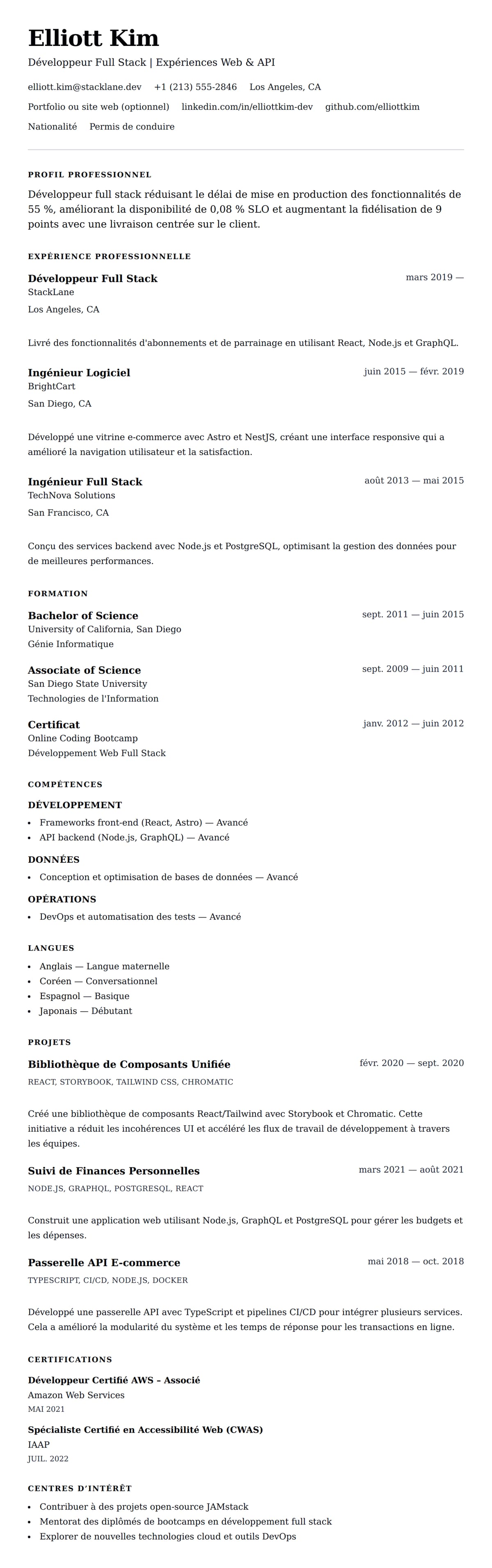 Aperçu du CV Exemple de CV de Développeur Full Stack