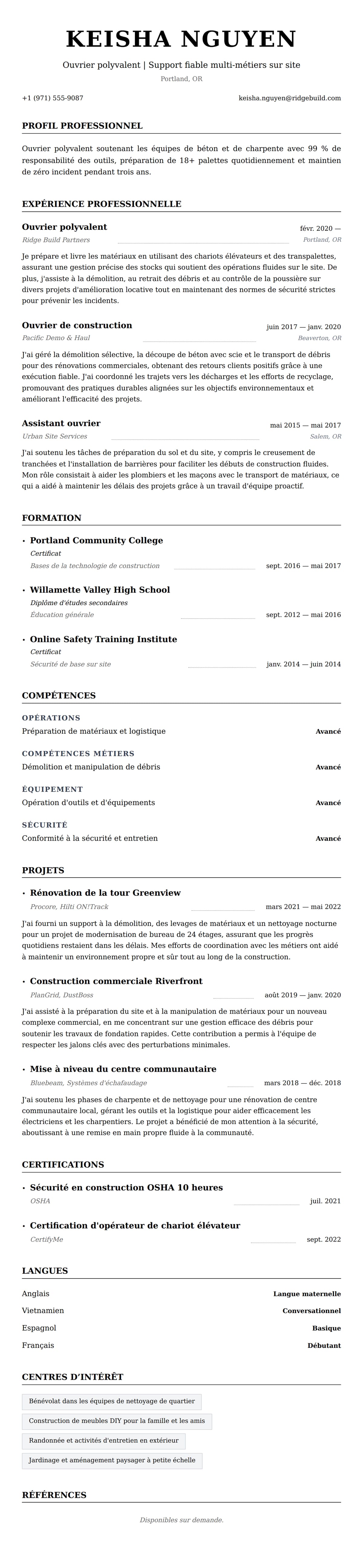 Aperçu du CV Exemple de CV d'ouvrier polyvalent