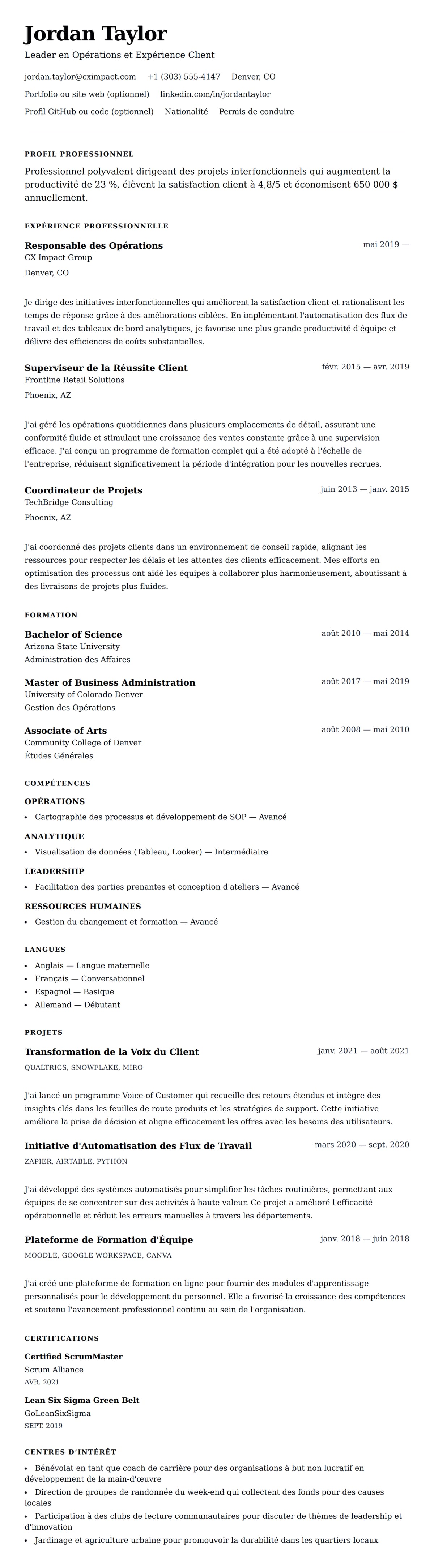 Aperçu du CV Exemple de CV Général