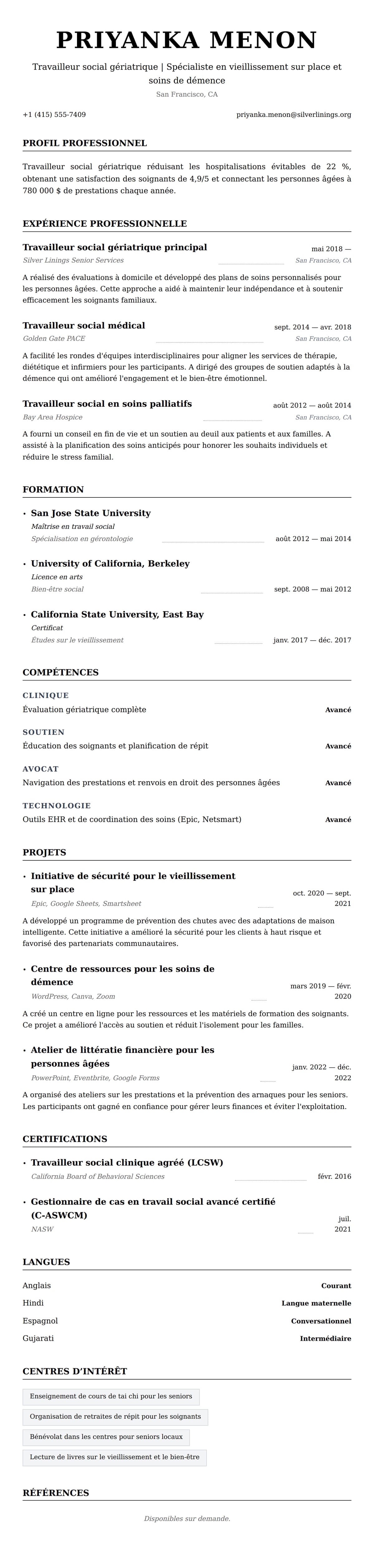 Aperçu du CV Exemple de CV de travailleur social gériatrique