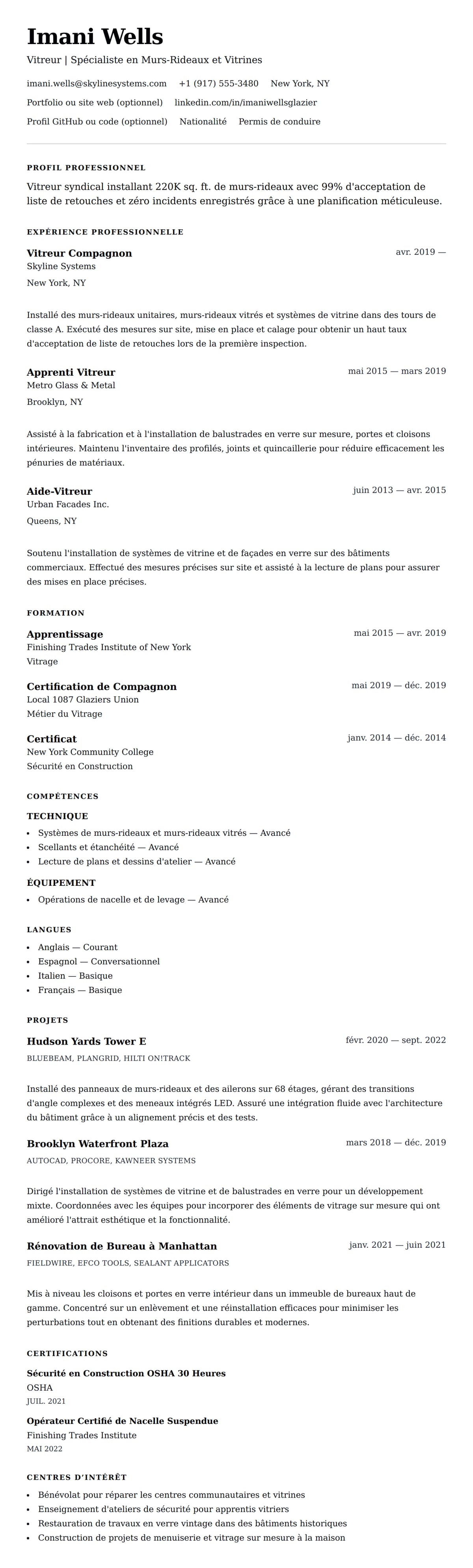 Aperçu du CV Exemple de CV de Vitreur