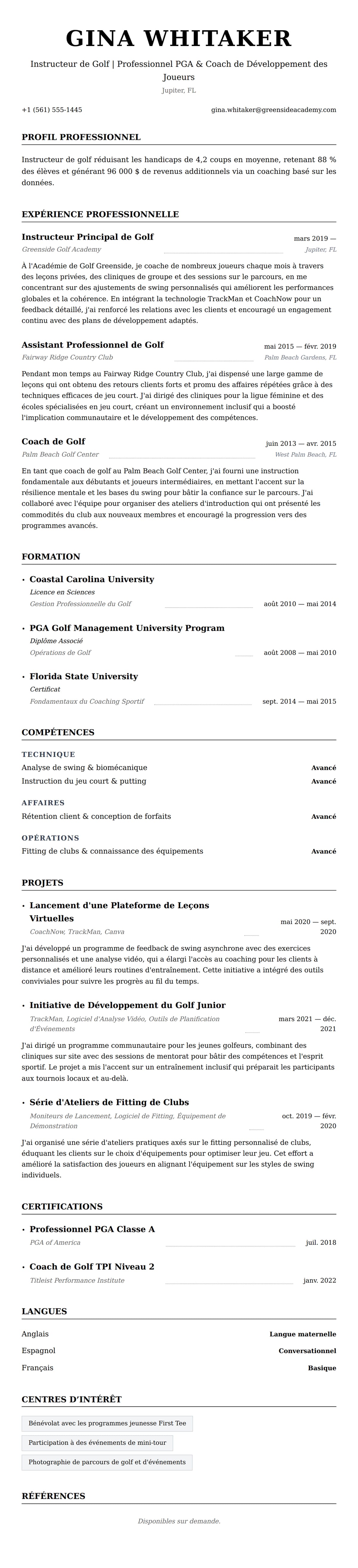 Aperçu du CV Exemple de CV d'Instructeur de Golf