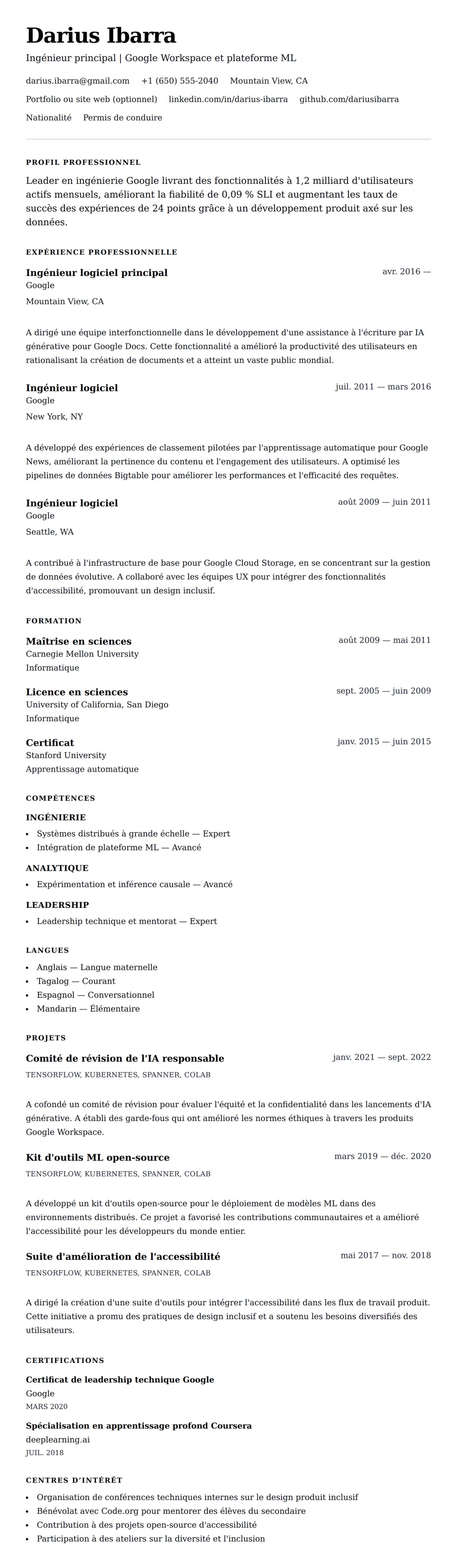Aperçu du CV Exemple de CV Google