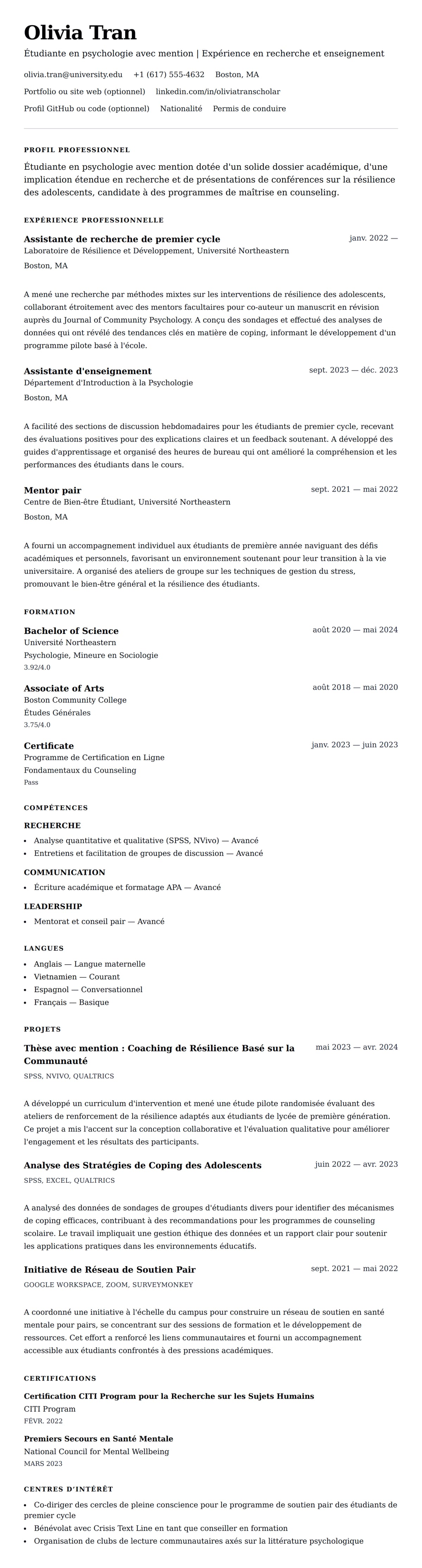 Aperçu du CV Exemple de CV pour Candidat à l'École Supérieure