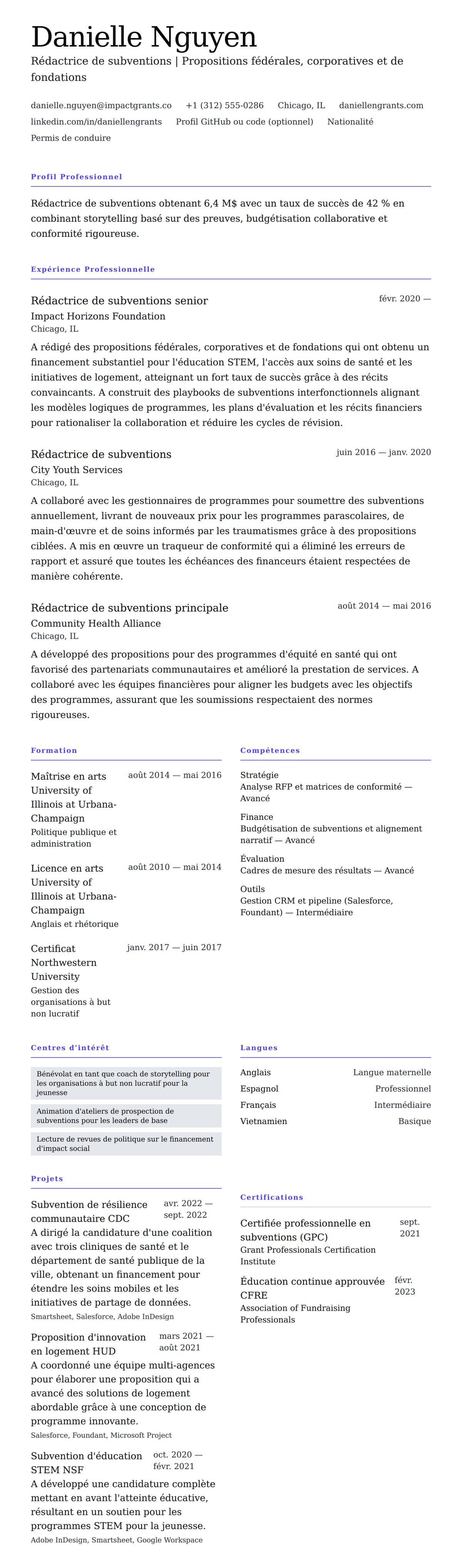 Aperçu du CV Exemple de CV de rédacteur de subventions