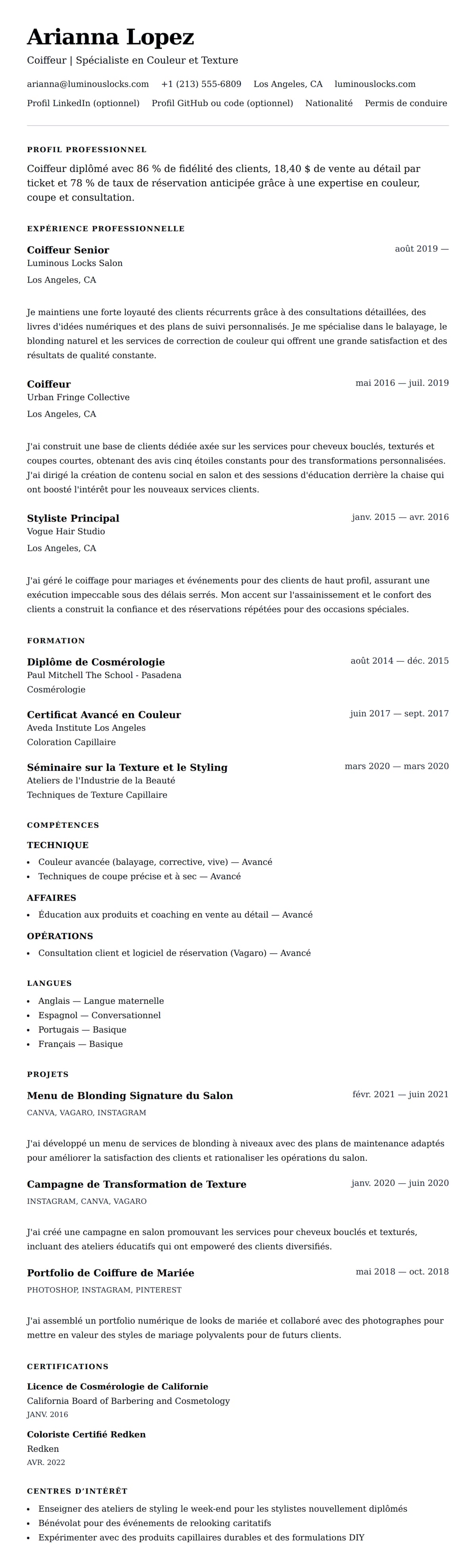 Aperçu du CV Exemple de CV de Coiffeur