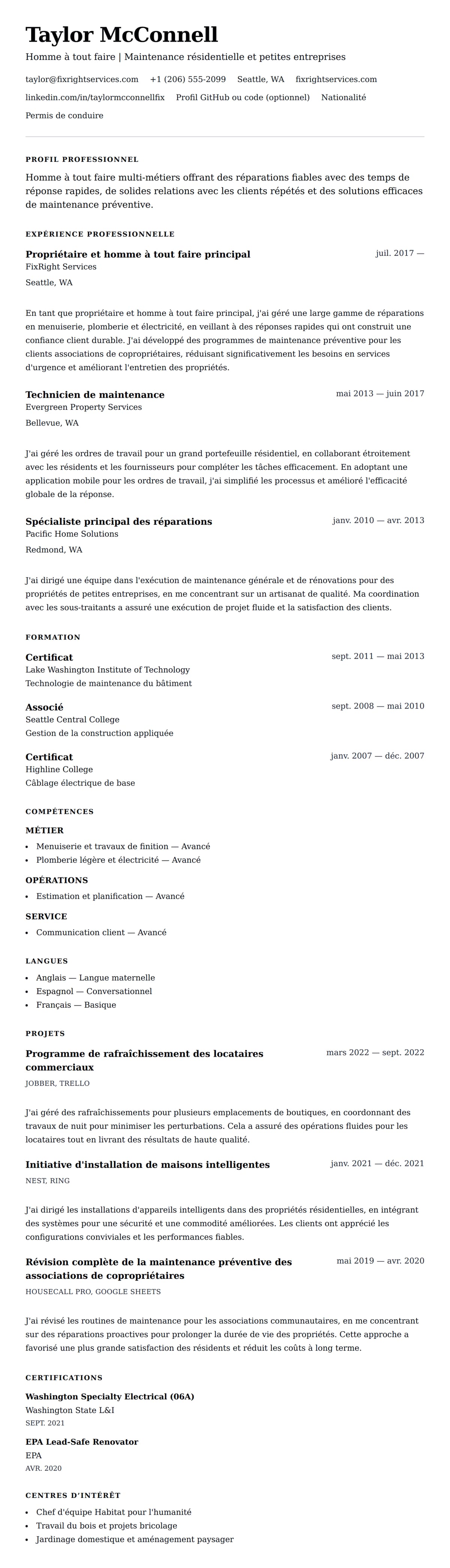 Aperçu du CV Exemple de CV d'Homme à tout faire
