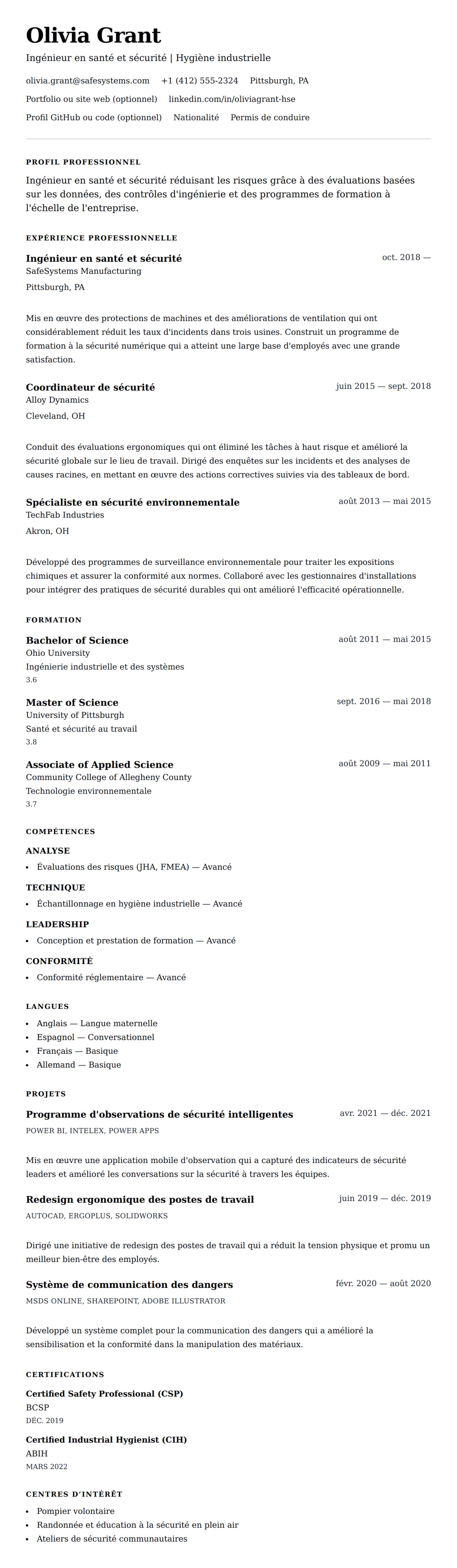 Aperçu du CV Exemple de CV d'ingénieur en santé et sécurité