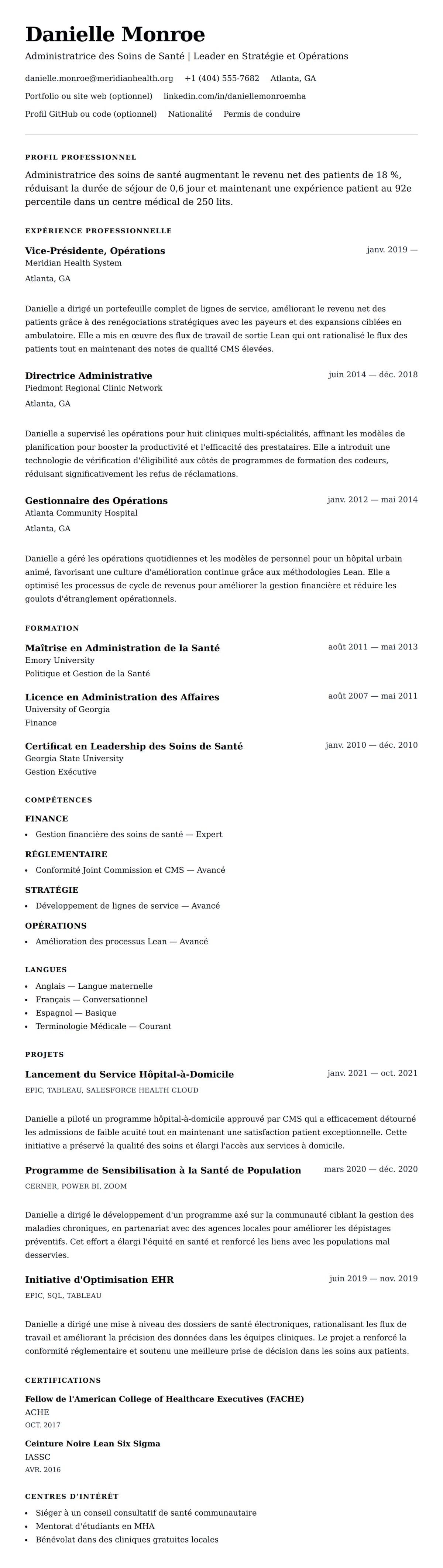 Aperçu du CV Exemple de CV en Administration des Soins de Santé