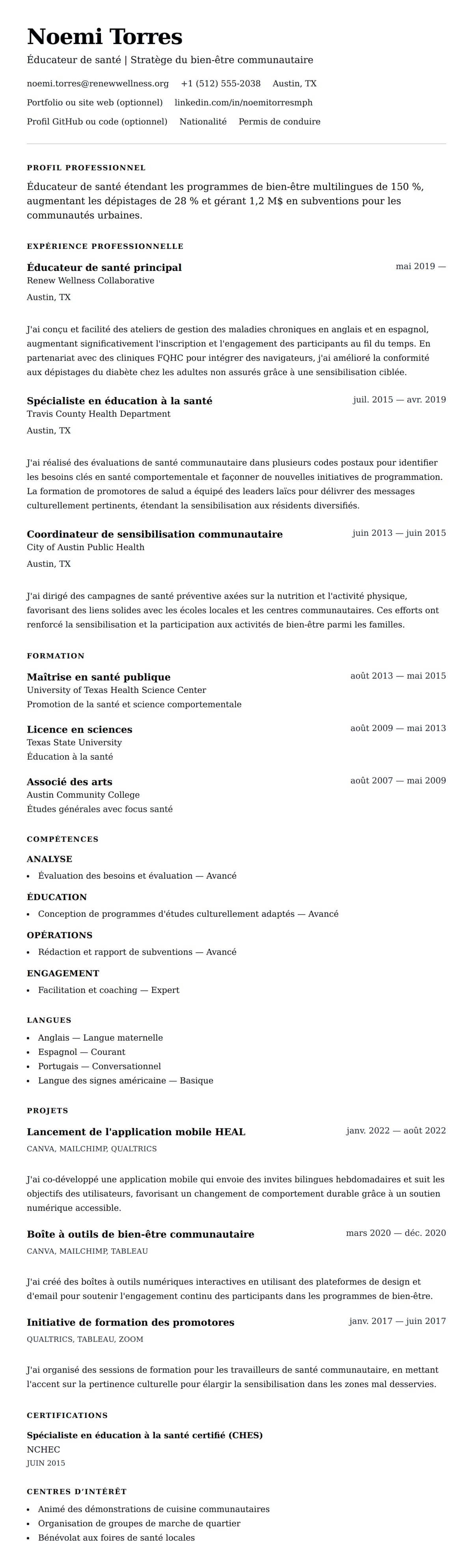 Aperçu du CV Exemple de CV d'Éducateur de santé