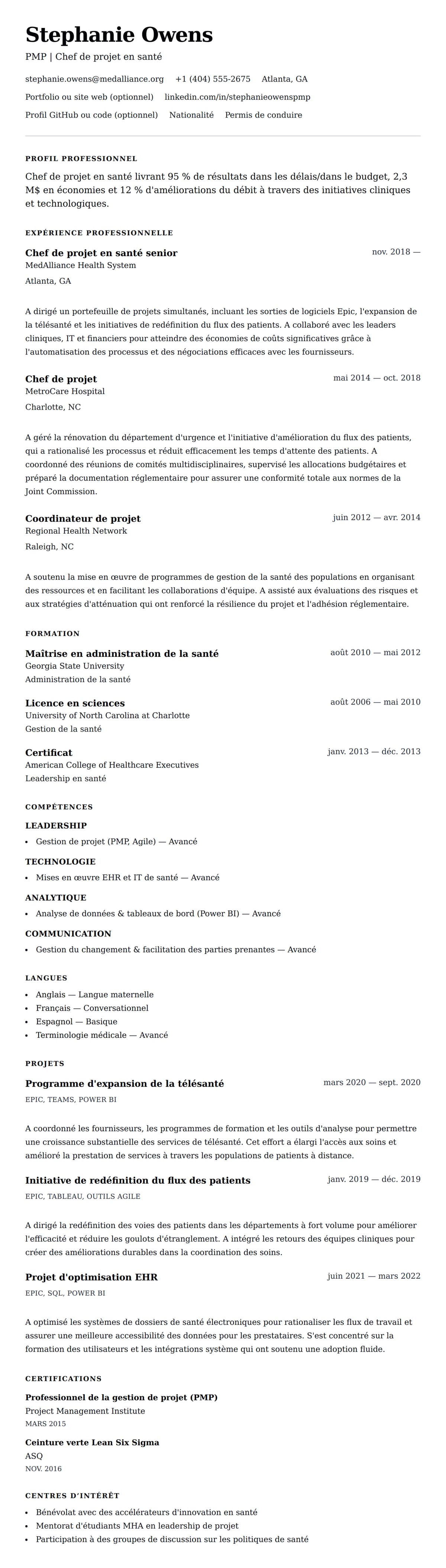 Aperçu du CV Exemple de CV de Chef de projet en santé