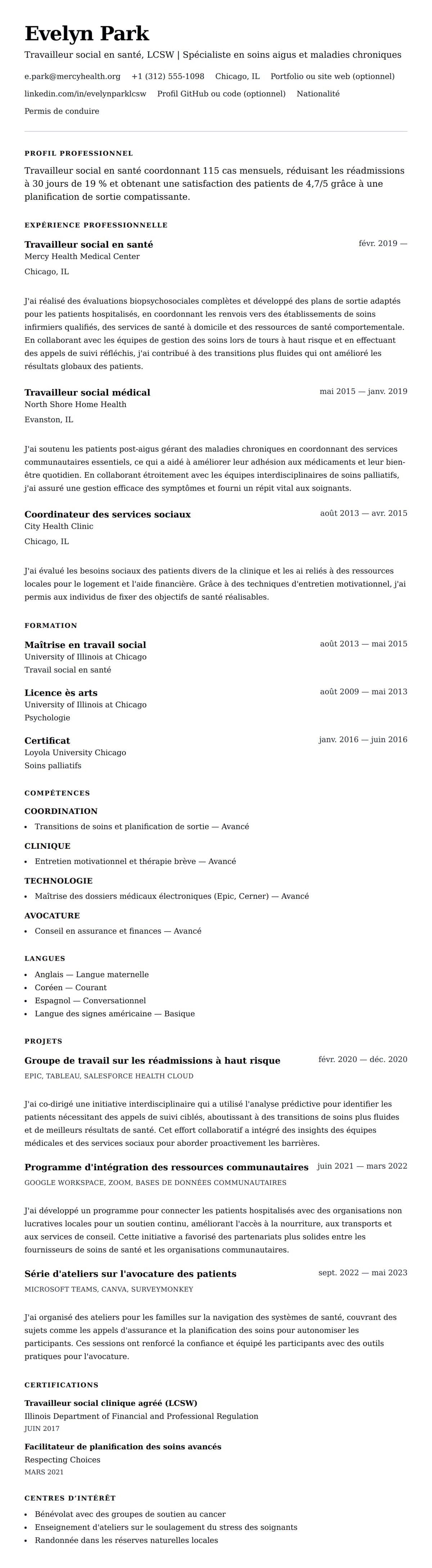 Aperçu du CV Exemple de CV de travailleur social en santé