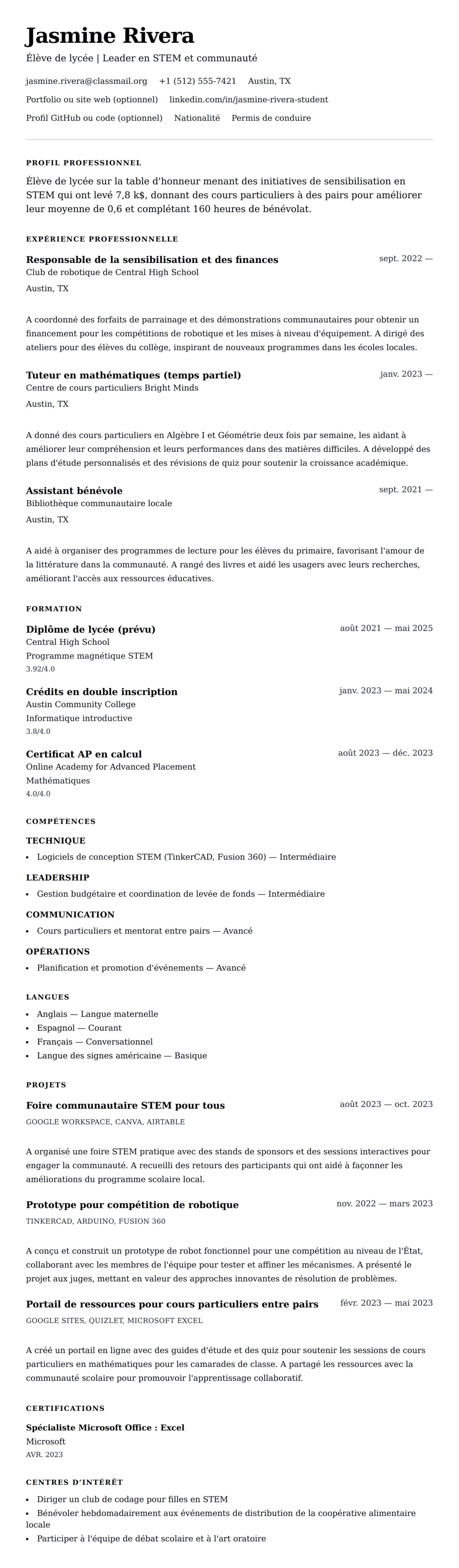 Aperçu du CV Exemple de CV pour élève de lycée