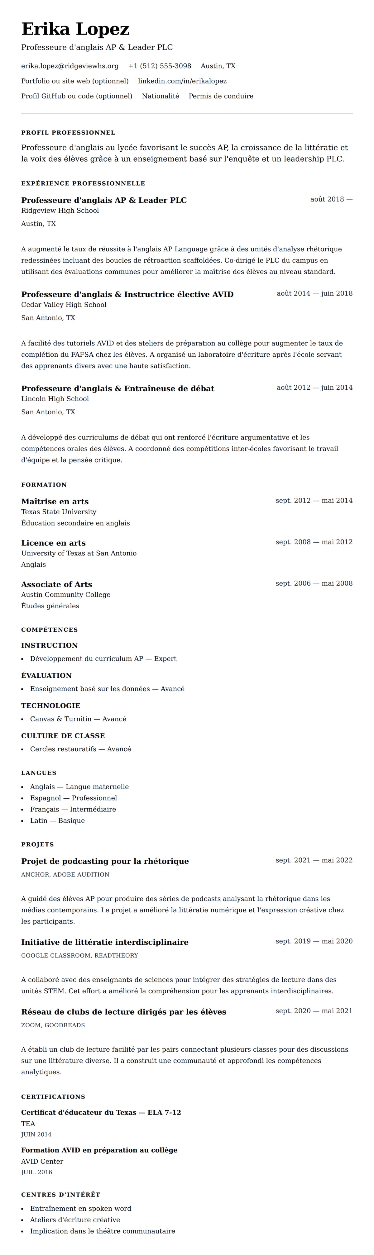 Aperçu du CV Exemple de CV de professeur de lycée