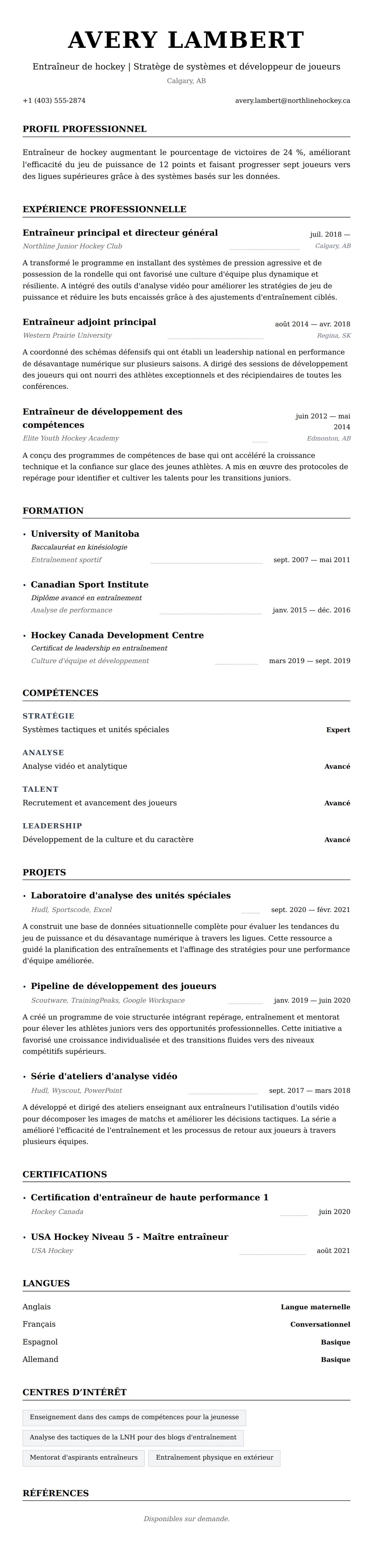 Aperçu du CV Exemple de CV d'Entraîneur de hockey