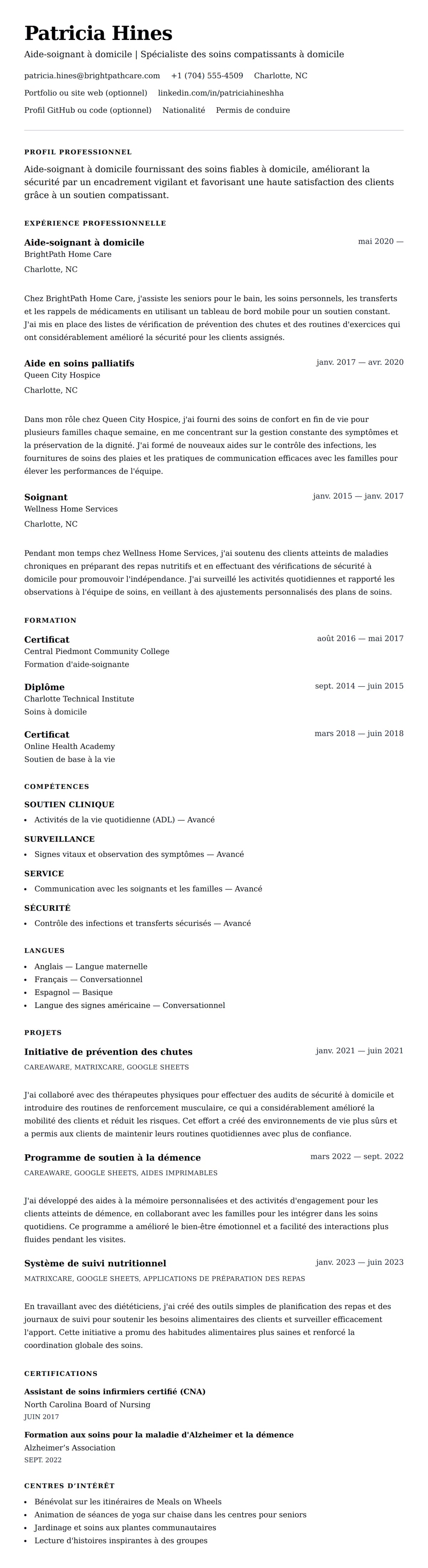 Aperçu du CV Exemple de CV d'Aide-soignant à domicile
