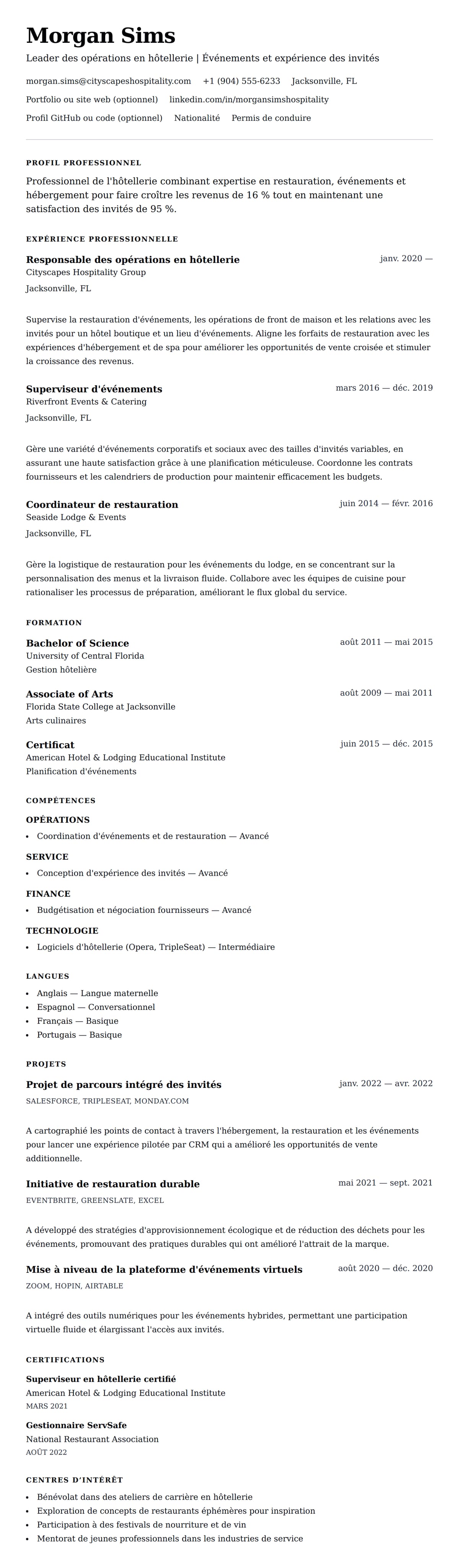 Aperçu du CV Exemple de CV de professionnel de l'hospitalité et de la restauration