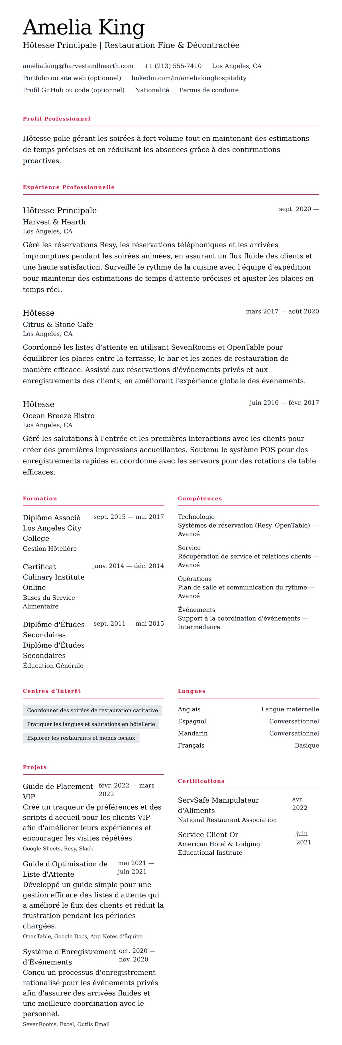 Aperçu du CV Exemple de CV d'Hôtesse