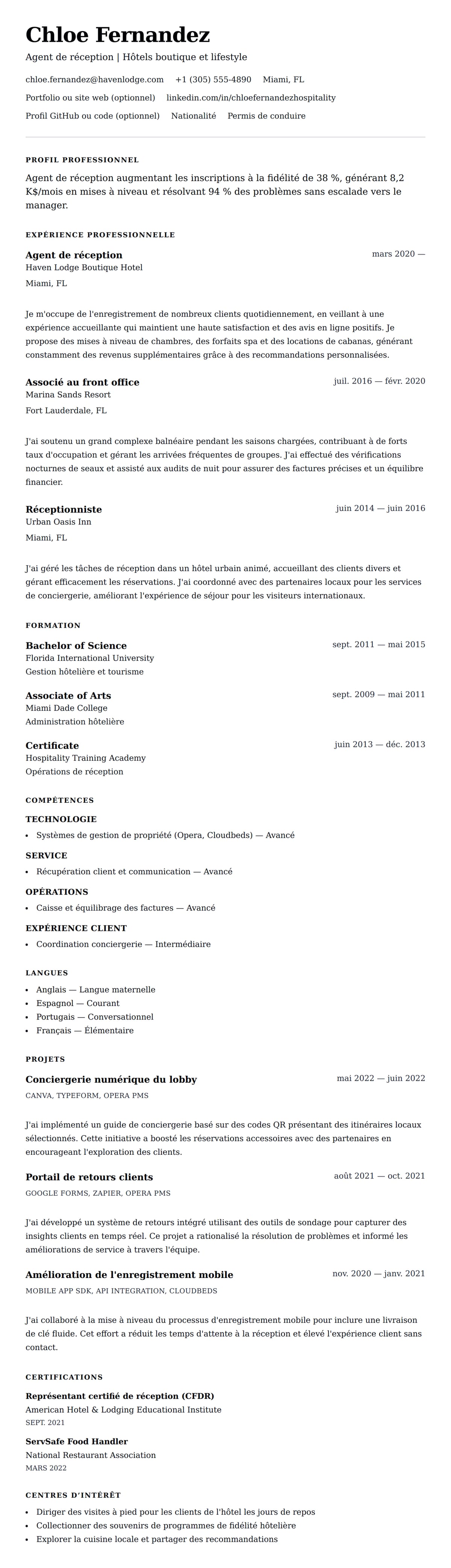 Aperçu du CV Exemple de CV d'employé de la réception d'hôtel