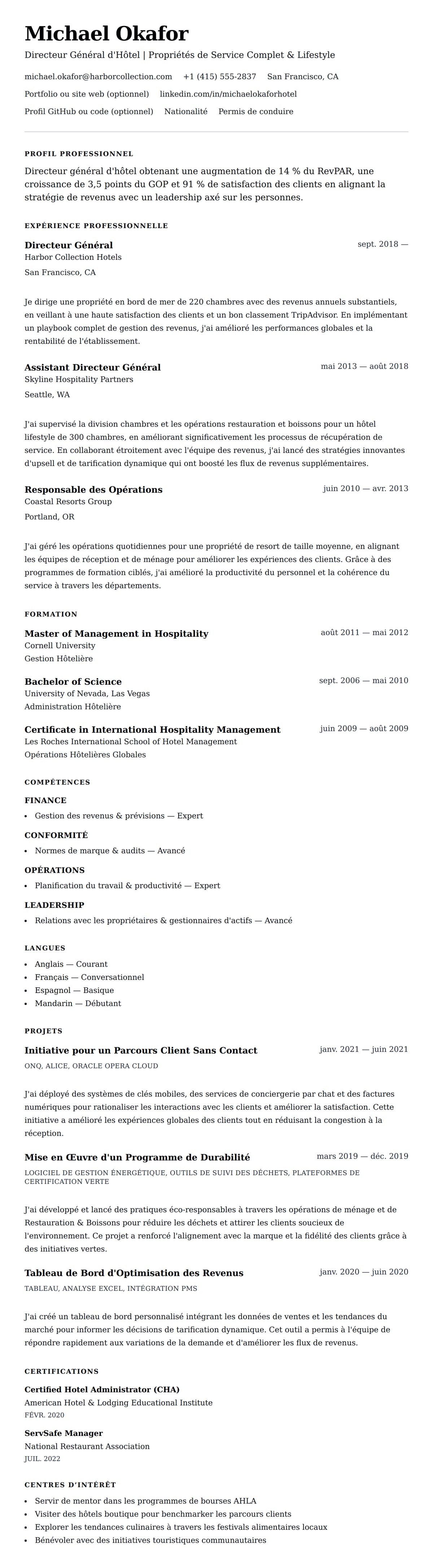 Aperçu du CV Exemple de CV en Gestion Hôtelière
