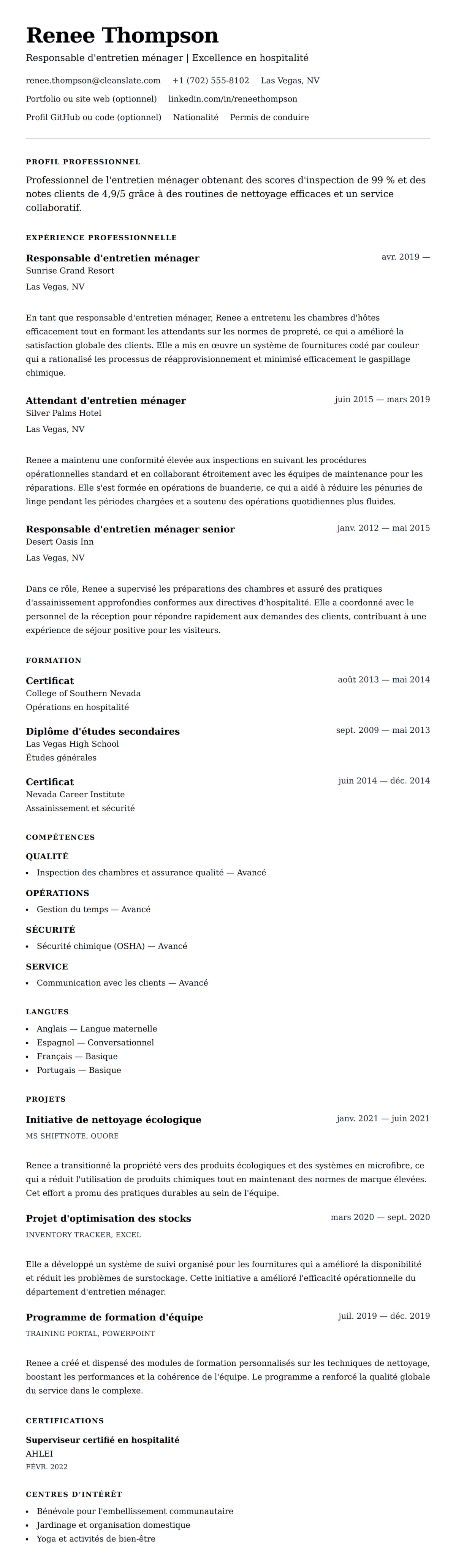 Aperçu du CV Exemple de CV pour Entretien ménager