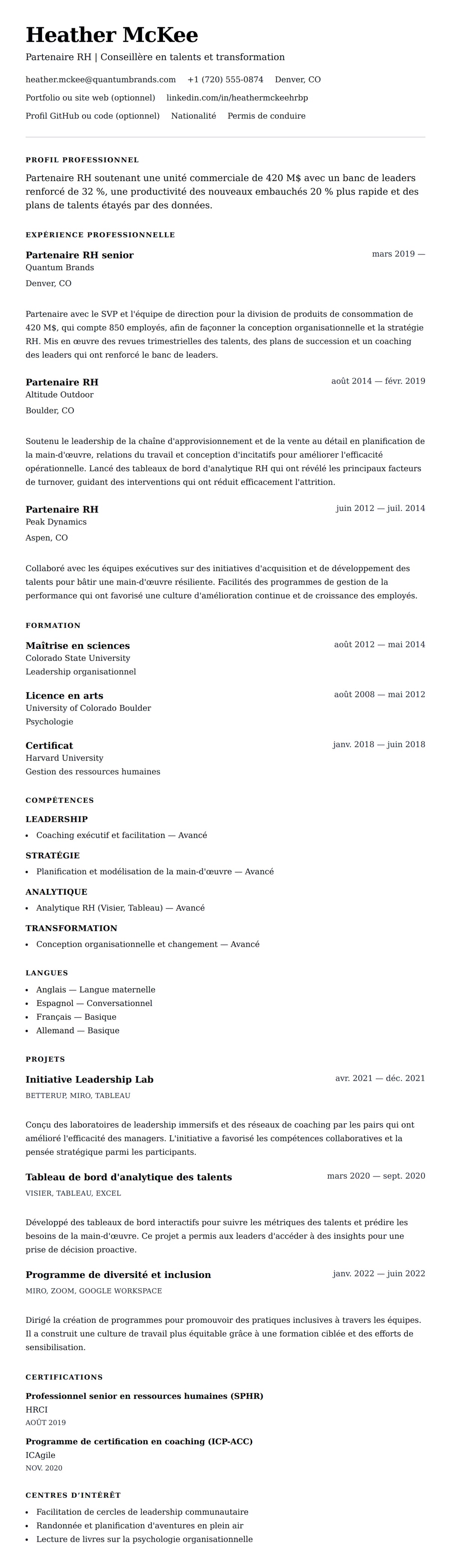 Aperçu du CV Exemple de CV de Partenaire RH