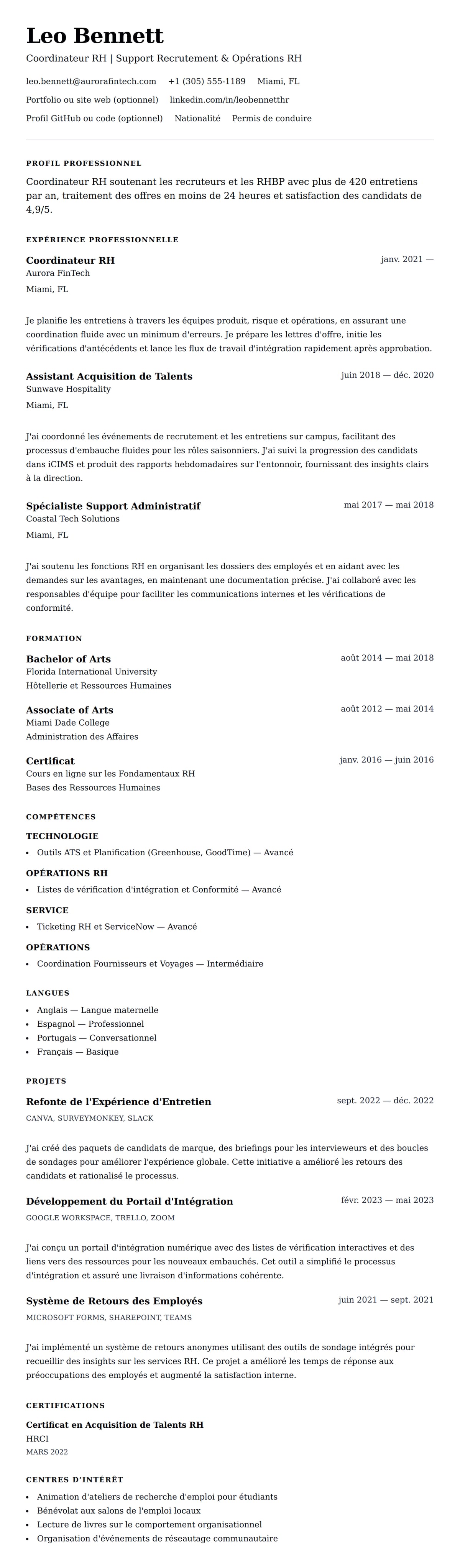 Aperçu du CV Exemple de CV de Coordinateur RH