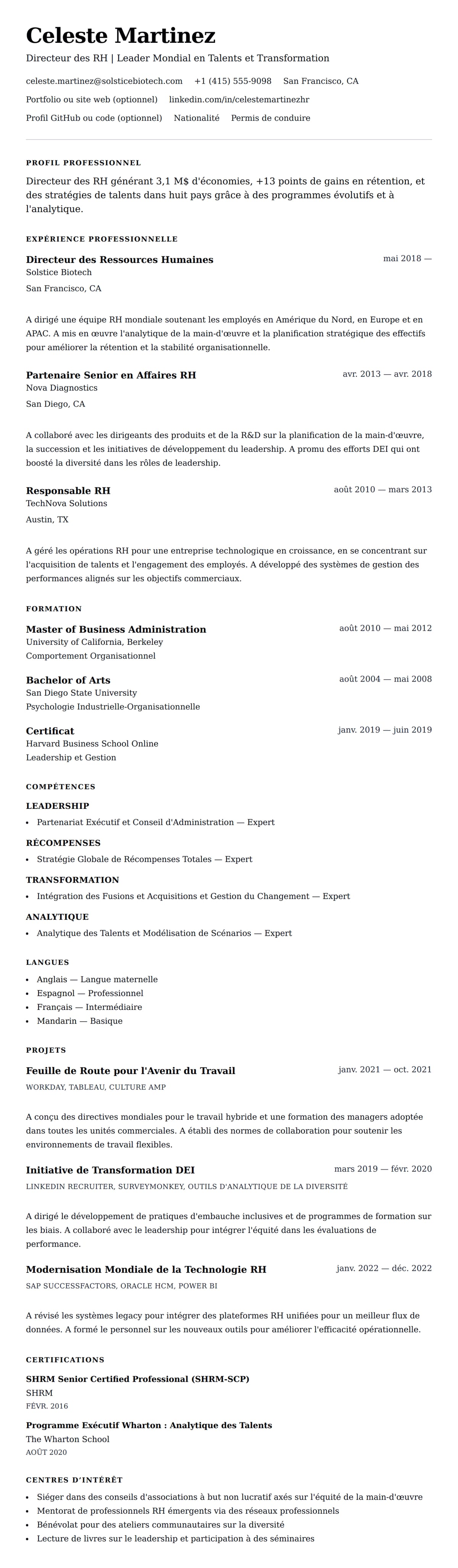 Aperçu du CV Exemple de CV de Directeur des Ressources Humaines