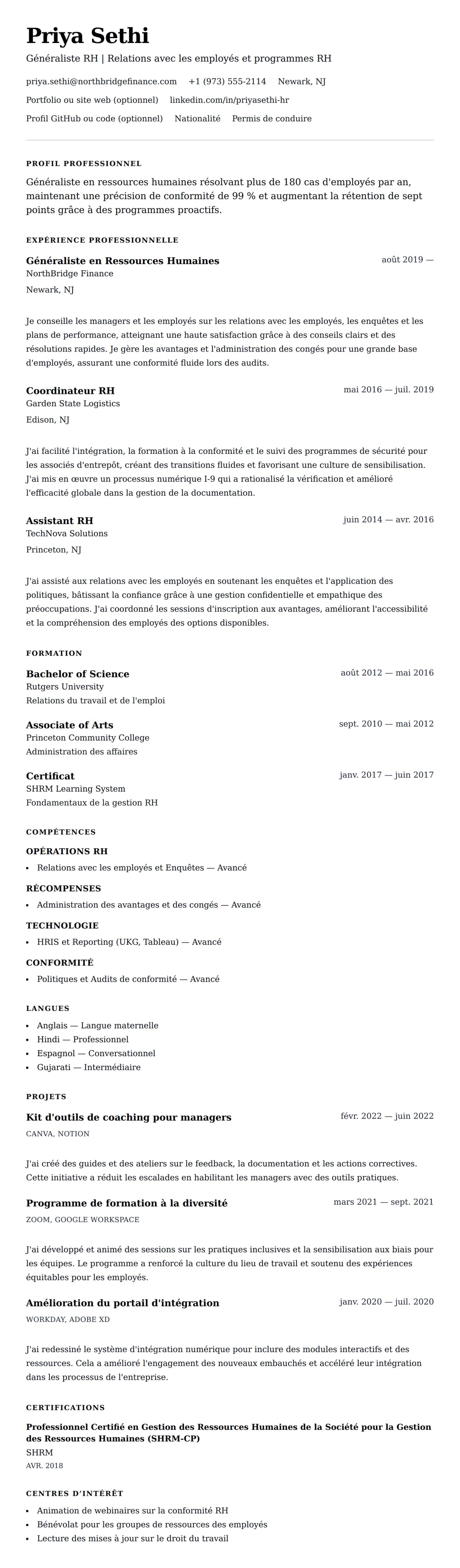Aperçu du CV Exemple de CV de Généraliste en Ressources Humaines