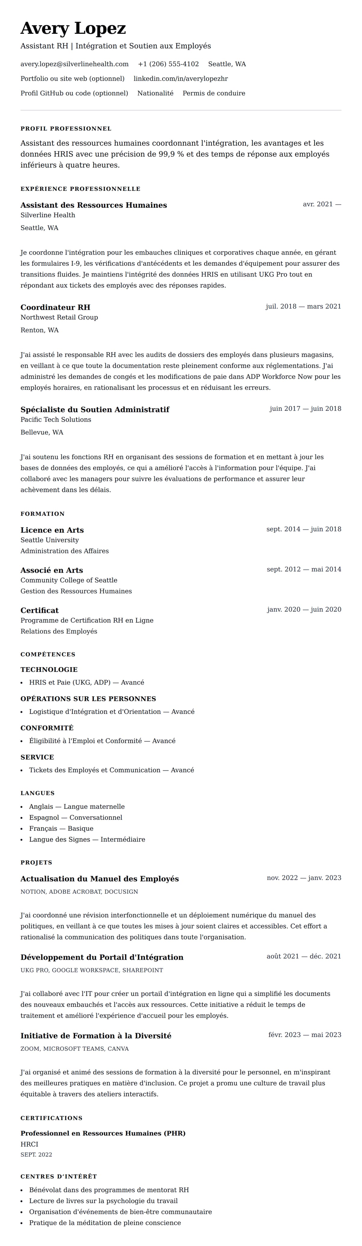 Aperçu du CV Exemple de CV pour Assistant des Ressources Humaines