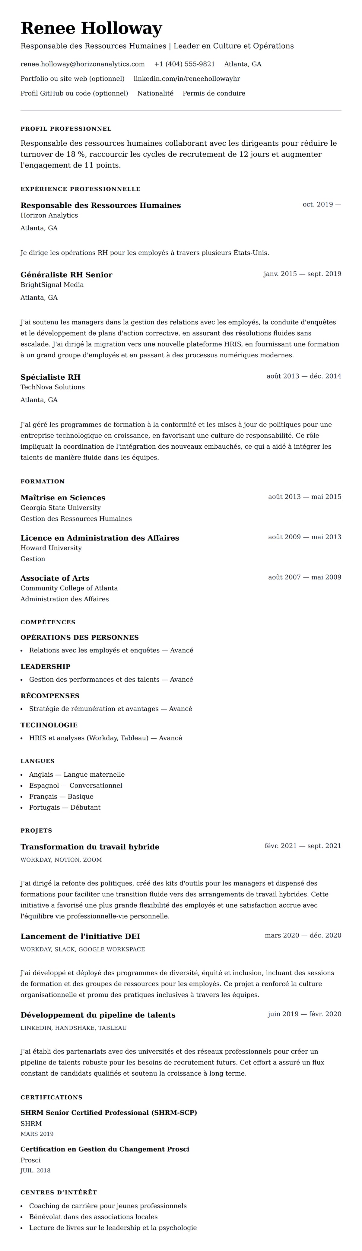 Aperçu du CV Exemple de CV de Responsable des Ressources Humaines