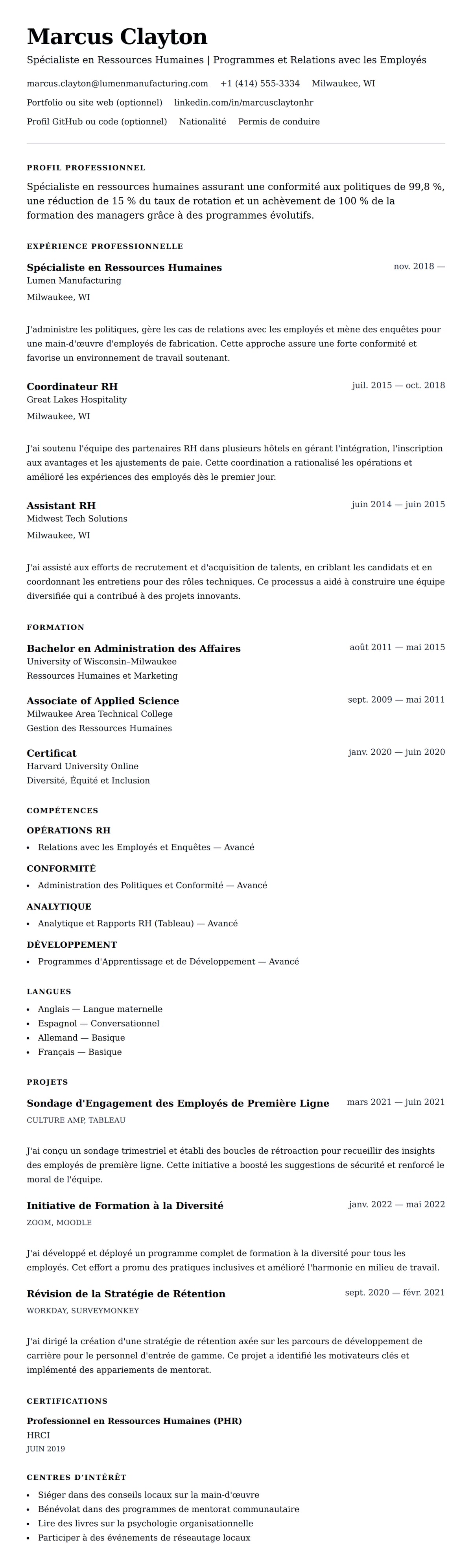 Aperçu du CV Exemple de CV de Spécialiste en Ressources Humaines