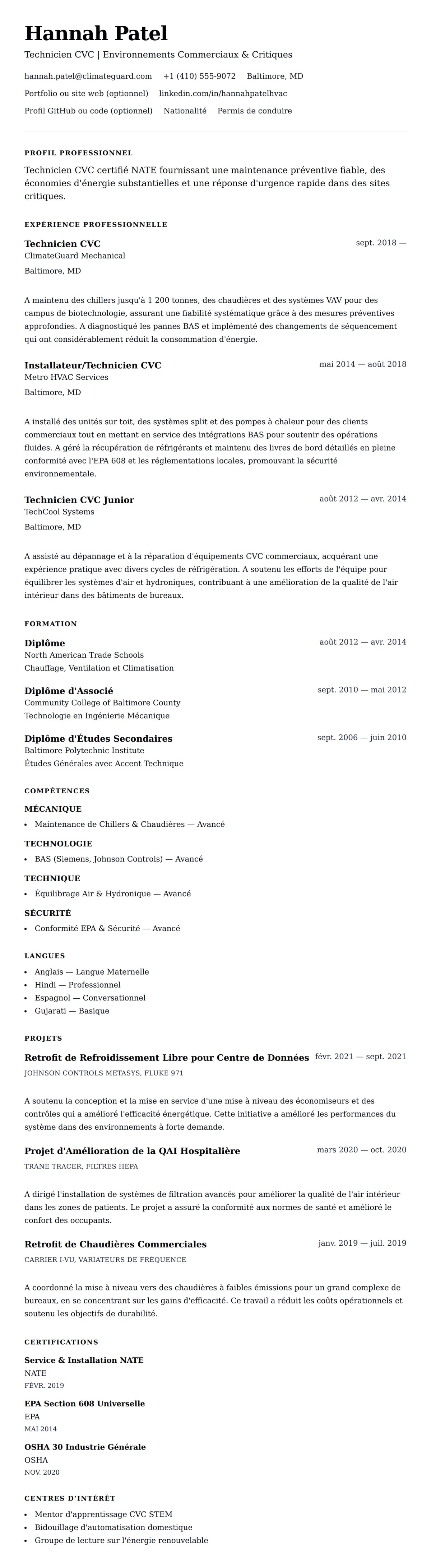 Aperçu du CV Exemple de CV de Technicien CVC