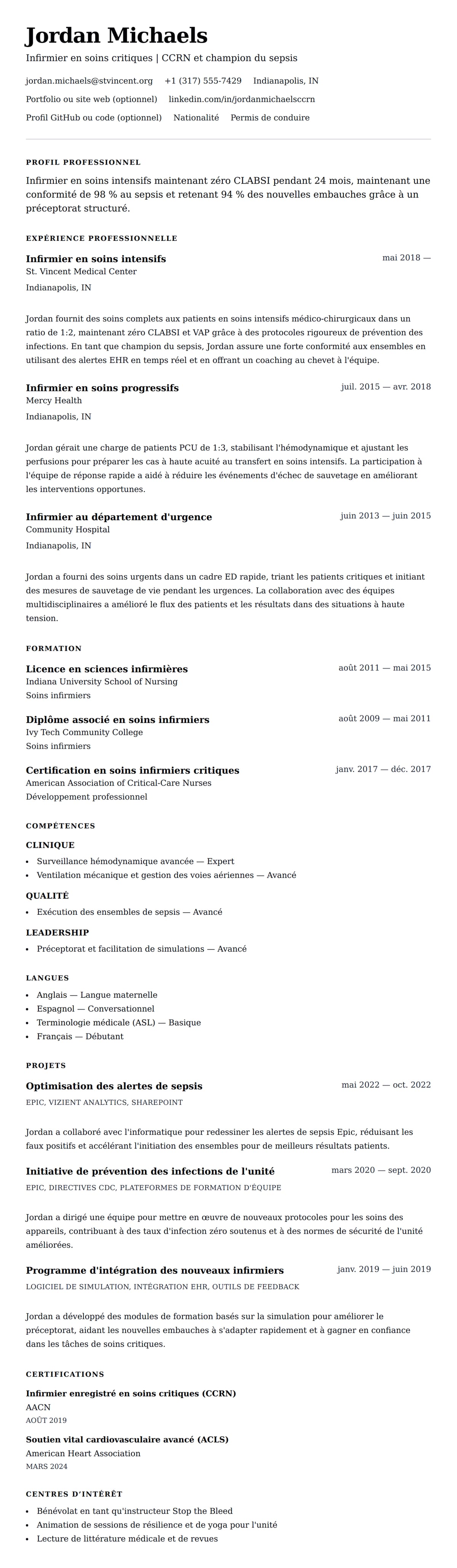 Aperçu du CV Exemple de CV d'infirmier en soins intensifs