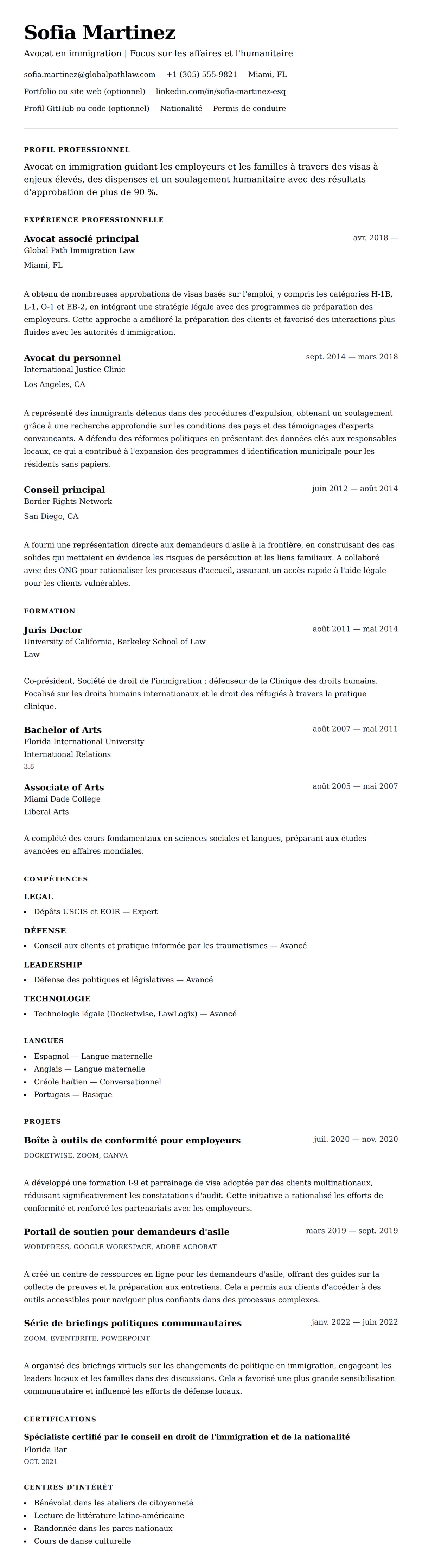 Aperçu du CV Exemple de CV d'avocat en immigration
