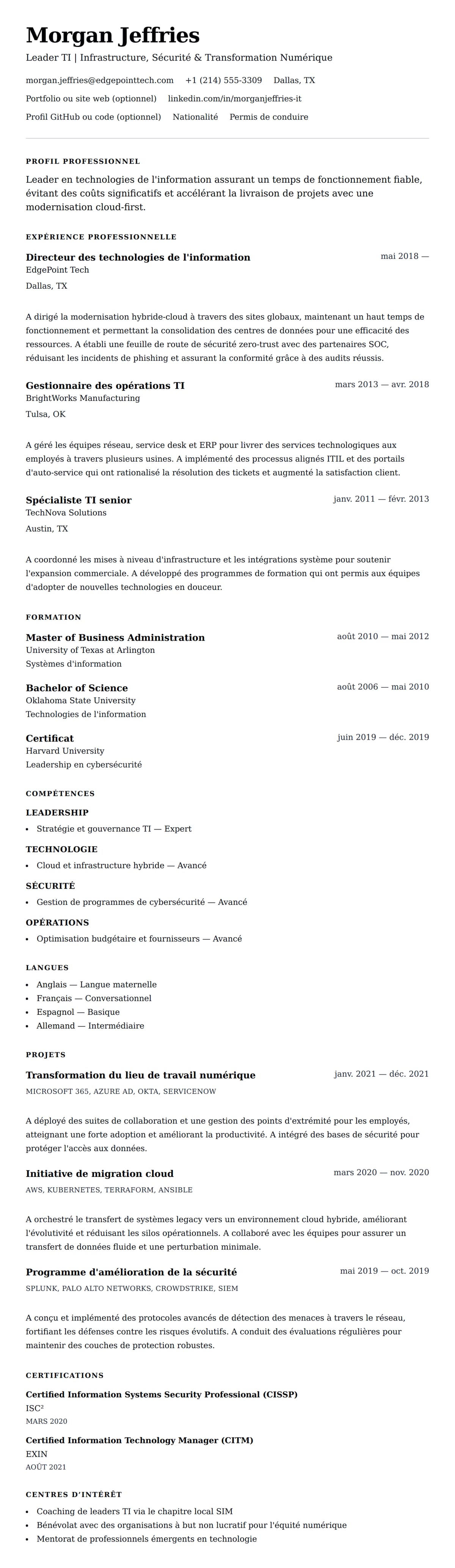 Aperçu du CV Exemple de CV de professionnel en technologies de l'information