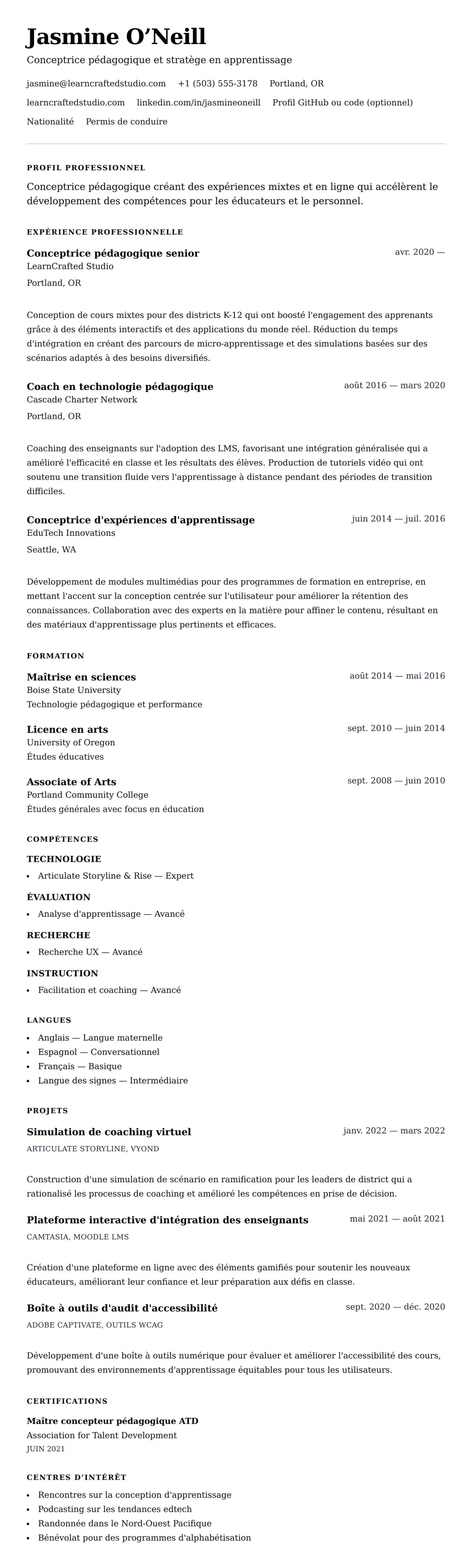 Aperçu du CV Exemple de CV de concepteur pédagogique