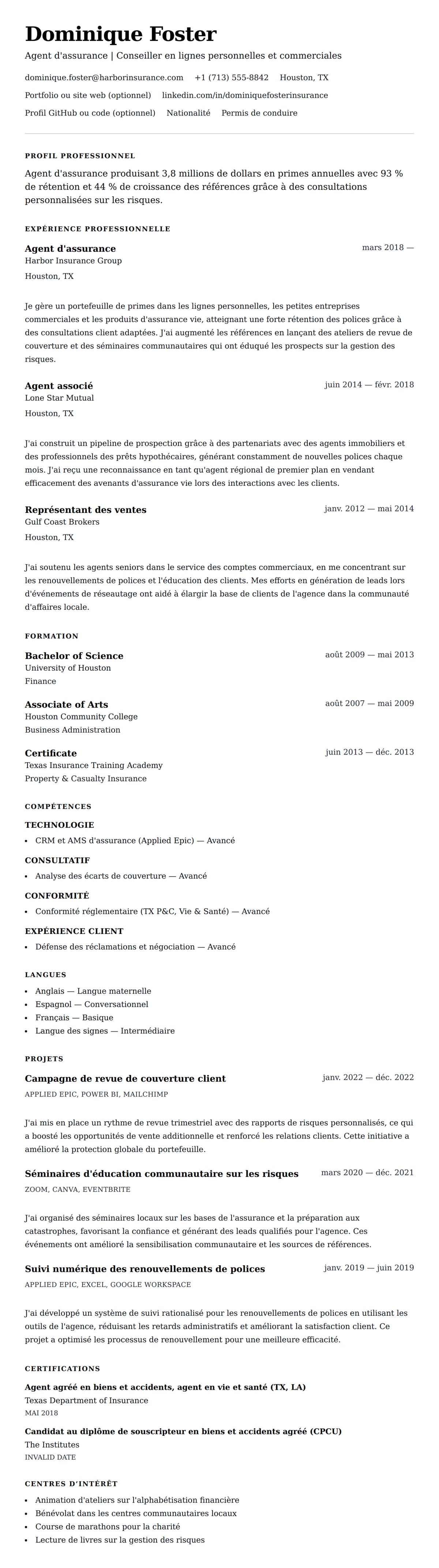 Aperçu du CV Exemple de CV d'Agent d'assurance