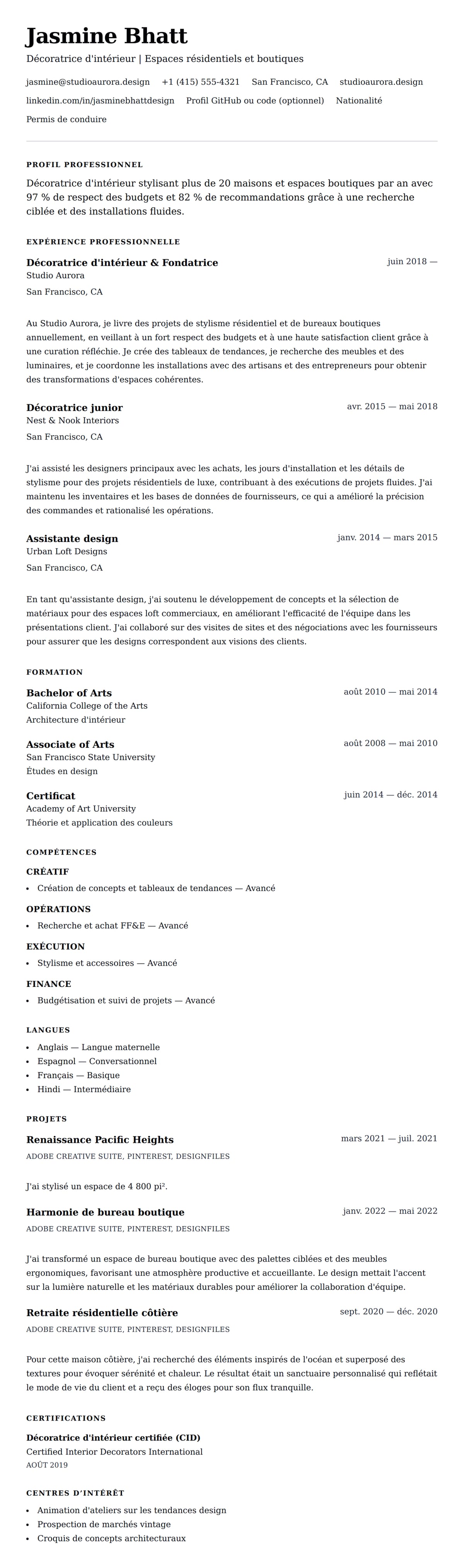 Aperçu du CV Exemple de CV de Décorateur d'intérieur