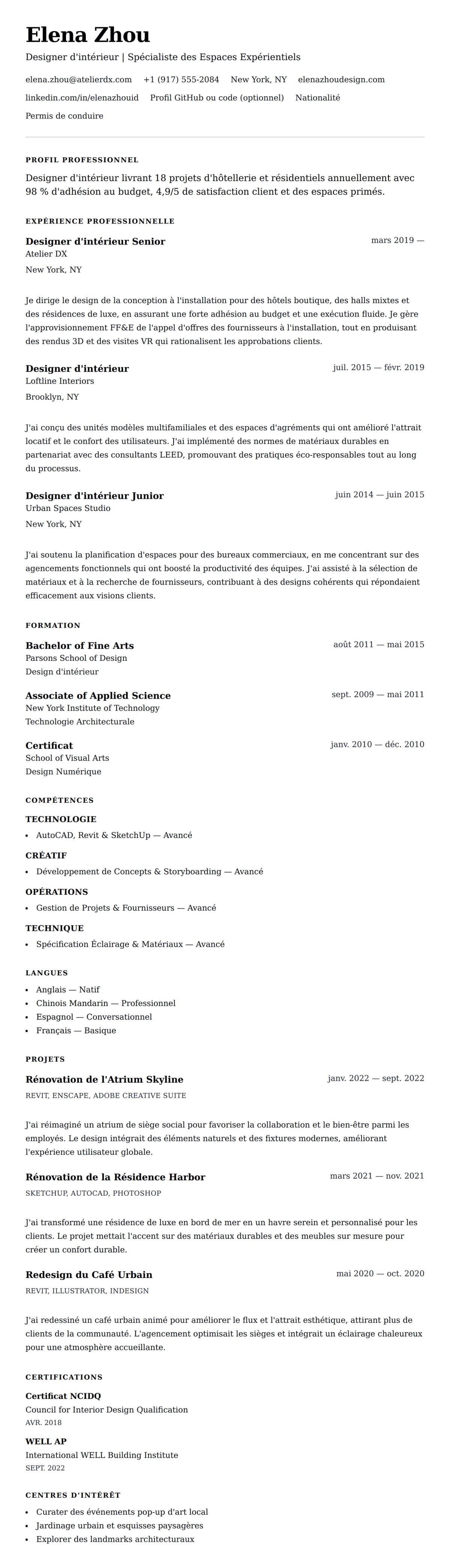 Aperçu du CV Exemple de CV de Designer d'intérieur